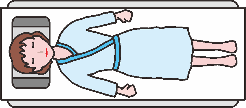 検査用ベッドの上で仰向けに寝ている女性患者のイラスト