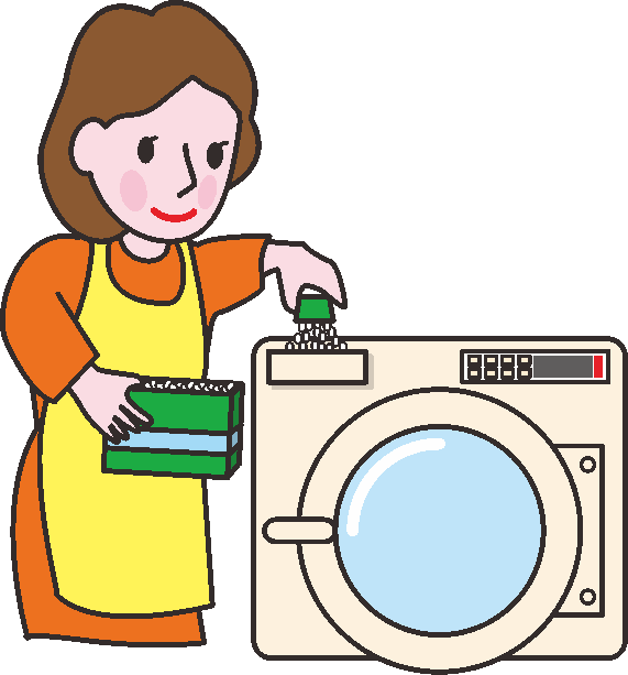 全自動洗濯機で洗濯をする主婦のイラスト