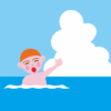 広い海で泳いでいる男の子のイラスト