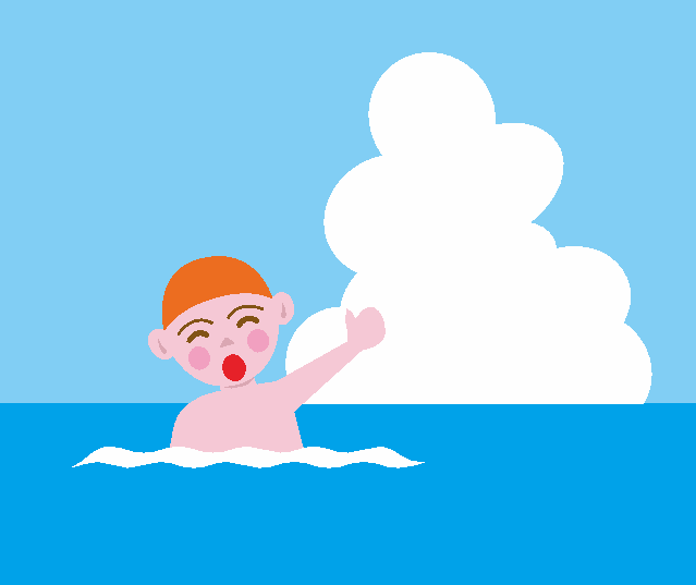 広い海で泳いでいる男の子のイラスト