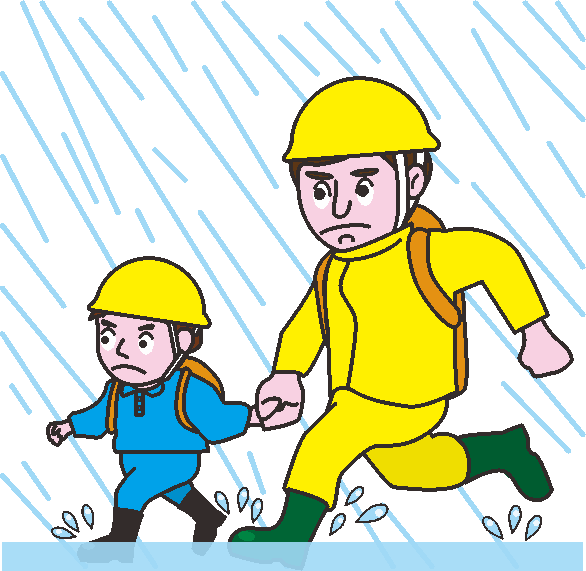 大雨が続くので避難している親子のイラスト