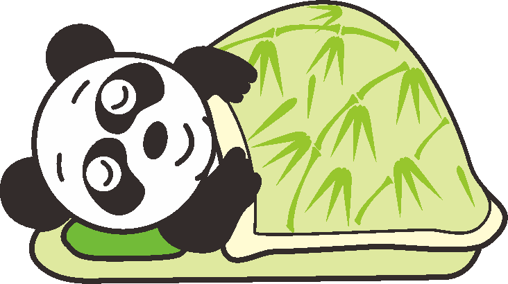 笹模様の布団にくるまって眠っているパンダのイラスト