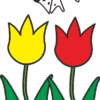 チューリップの花に舞うモンシロチョウののイラスト