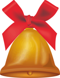 赤いリボンと金色のクリスマスベルのイラスト画像