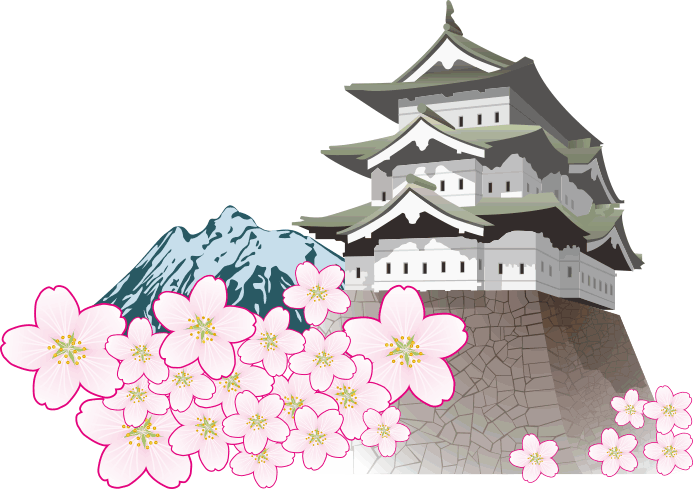 弘前城と桜と残雪の岩木山のイラスト