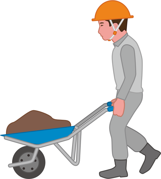 一輪車で土砂を運んでいる若い土木作業員のイラスト