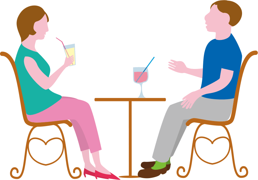 オープンカフェでドリンクを飲みながら談笑している男女のイラスト