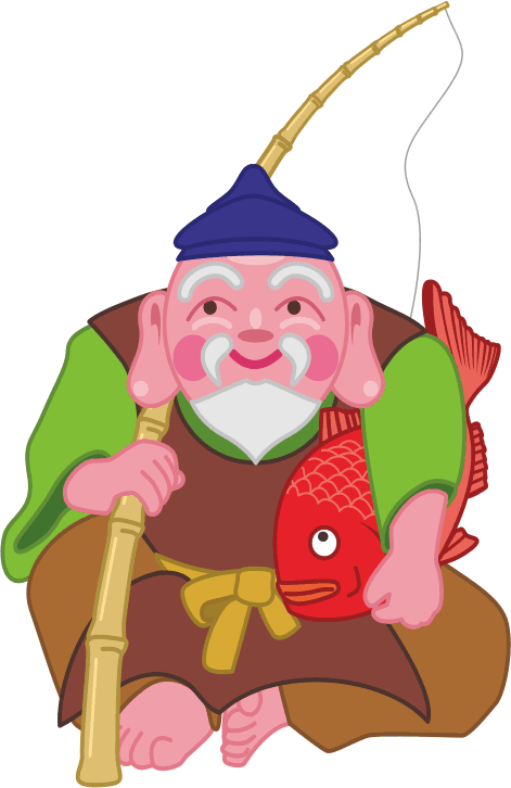 七福神のメンバーである恵比寿様が鯛を抱いているイラスト