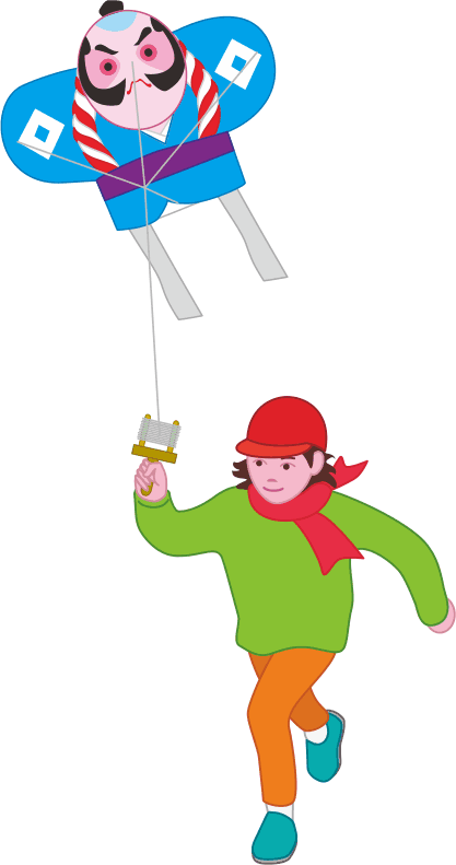 正月に凧あげをして遊んでいる子どものイラスト