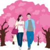 若い男女が桜並木でお花見デートしているイラスト