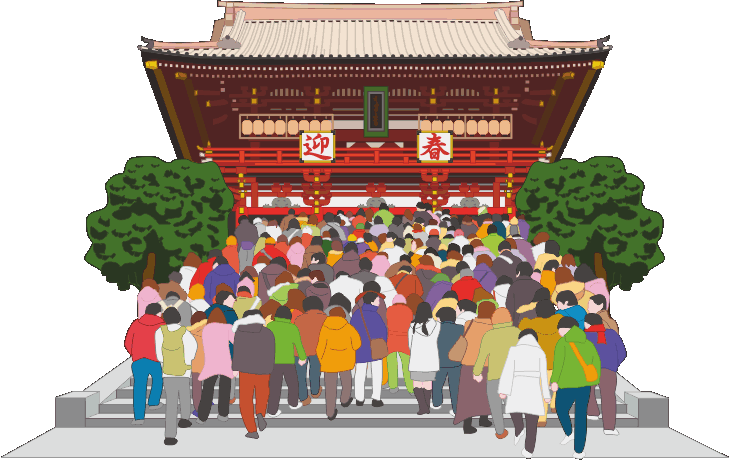 初詣でたくさんの参拝者が訪れている神社のイラスト