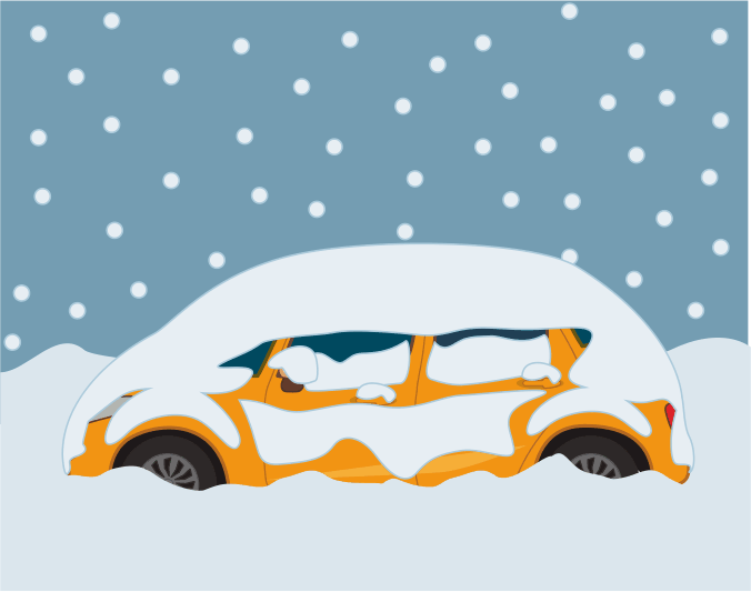 大雪のため雪に埋まって立ち往生している自動車のイラスト