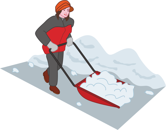 スノーダンプで雪かきをしている女性のイラスト