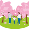家族三人でお花見散歩を楽しんでいるイラスト