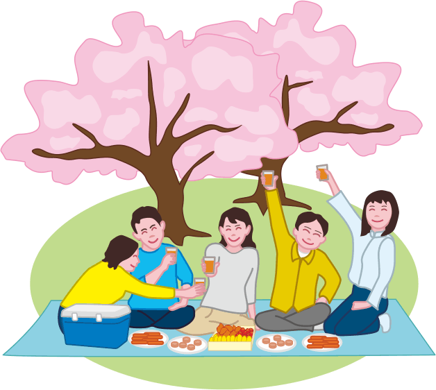 友人が集まって桜の下で宴会を開いているイラスト
