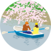 若いカップルが公園の堀でお花見ボートしているイラスト
