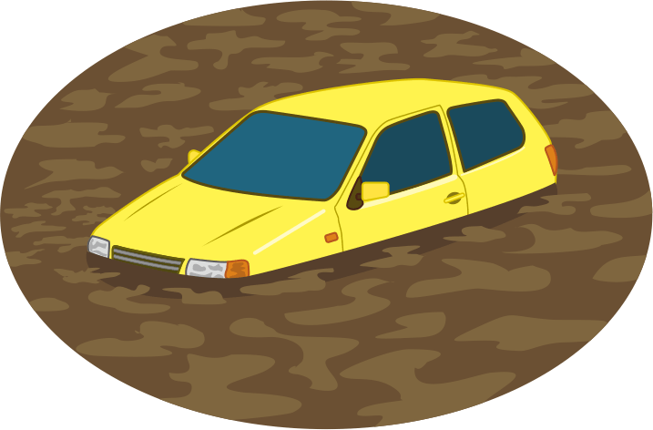 洪水で濁水に水没した乗用車のイラスト