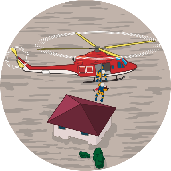 洪水被災者を防災ヘリコプターで救助しているイラスト