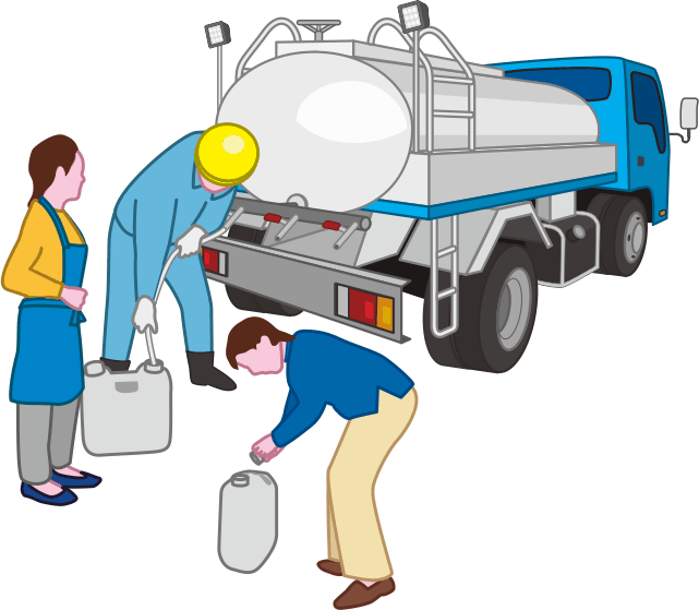 給水車から飲料水の支給を受ける被災者のイラスト