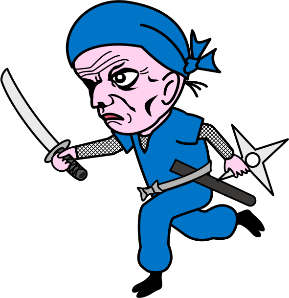 右手に刀、左手に手裏剣を持って敵を追いかけている老忍者のイラスト