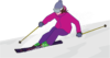 風を切って白銀の斜面を颯爽と滑る女性スキーヤーのイラスト