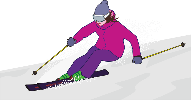 風を切って白銀の斜面を颯爽と滑る女性スキーヤーのイラスト