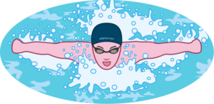 水しぶきをあげてバタフライを力泳する水泳選手のイラスト