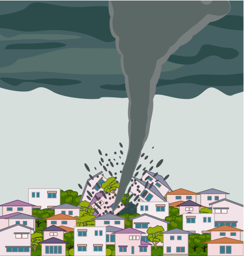 住宅密集地を襲った竜巻のイラスト