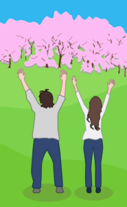 満開の桜林に万歳をしている若い男女のイラスト。