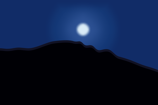 山の上に上がった春のおぼろ月のイラスト。