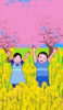 桜と菜の花の花盛りを喜んでいる子ども達のイラスト