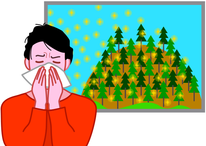 杉花粉に襲われている花粉症の女性のイラスト