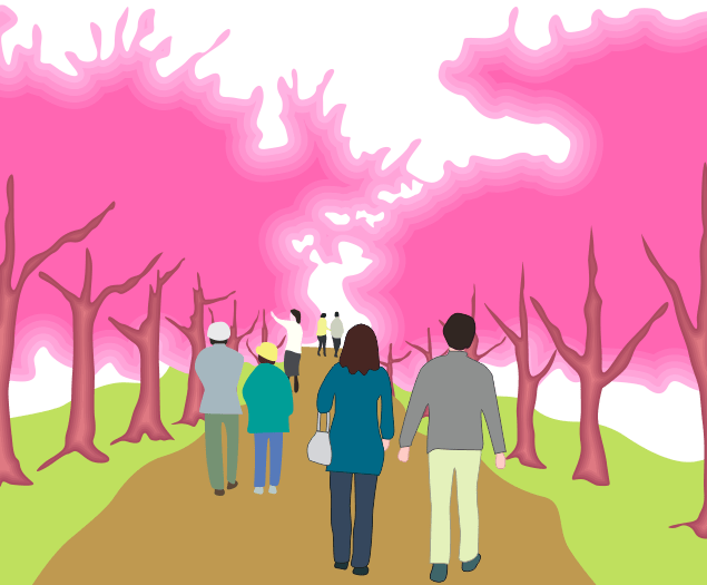 桜並木を花見散歩している人達のイラスト。