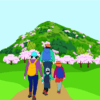 親子で里山へお花見ハイキングしているイラスト