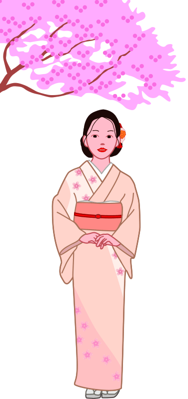 桜の花の下にたたずむ和服美人のイラスト