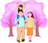子どもとお花見散歩を楽しんでいる若い夫婦のイラスト。