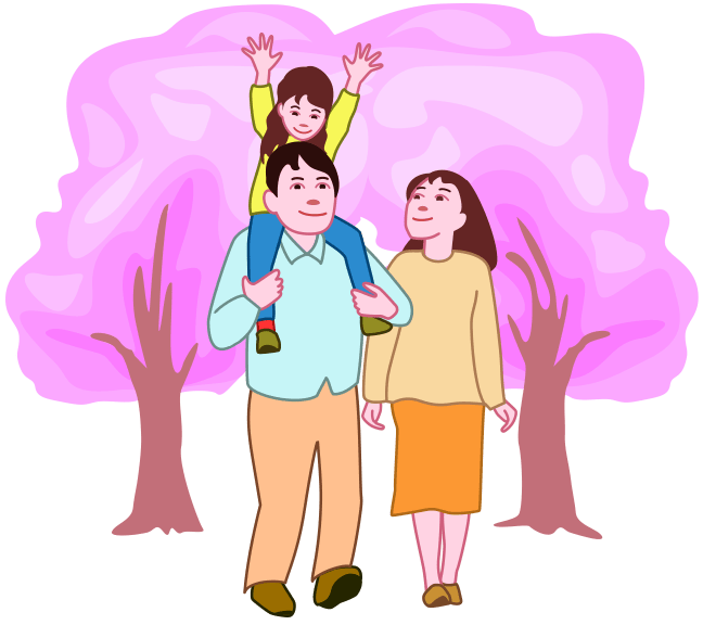 子どもとお花見散歩を楽しんでいる若い夫婦のイラスト。