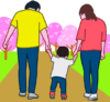 小さな子どもの手を引いてお花見散歩している若夫婦のイラスト