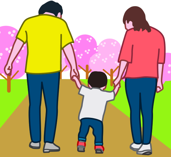 小さな子どもの手を引いてお花見散歩している若夫婦のイラスト