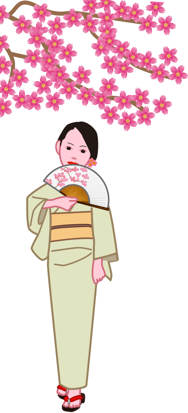 扇子をかざして桜の花の下を歩く着物姿の女性のイラスト