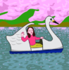 お花見公園の池でスワンボートを楽しむ女性のイラスト