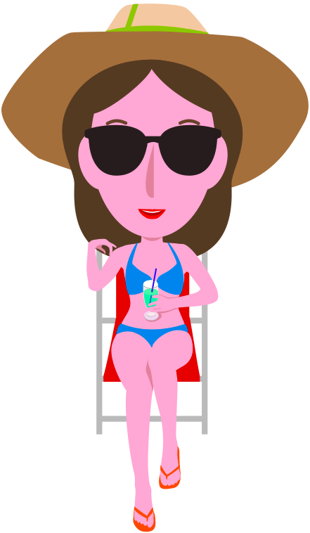 ビーチチェアに腰かけて、トロピカルドリンクを飲んでくつろいでいる避暑地の女性のイラスト