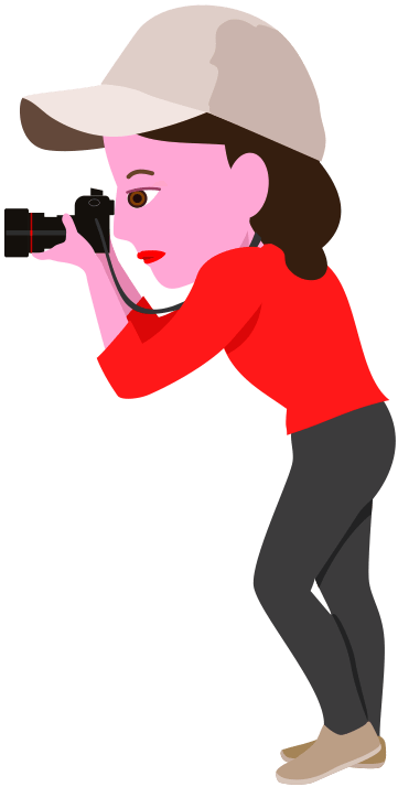 身を乗り出してカメラを構えている女性のイラスト