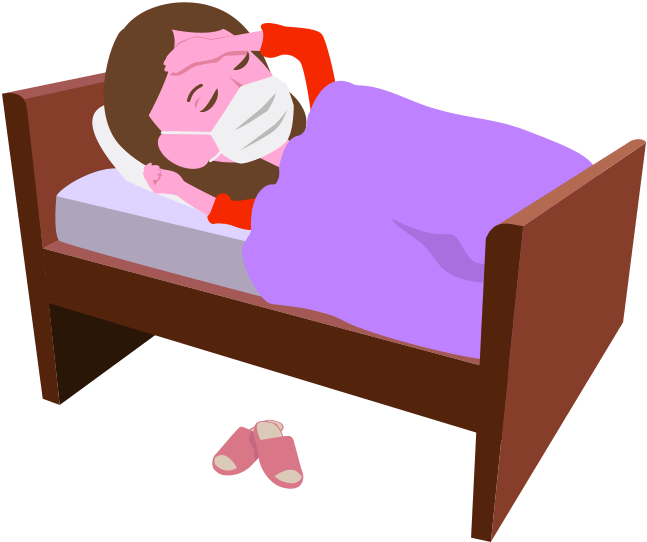 風邪をひいてベッドで寝込んでいる女性のイラスト