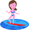 夏の海でサーフィンを楽しんでいる若い女性のイラスト