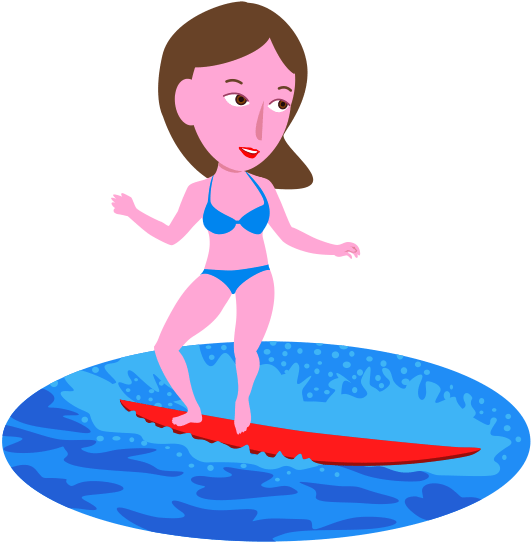 夏の海でサーフィンを楽しんでいる若い女性のイラスト