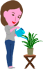 観葉植物に水をかけている笑顔の女性のイラスト
