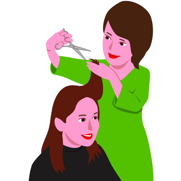 女性客の髪を切って整えている女性美容師のイラスト