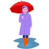 雨の日に傘と合羽と長靴姿で外出している女性のイラスト