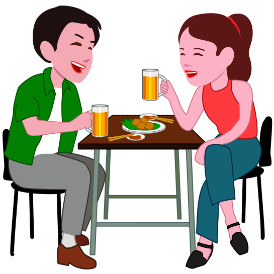 若いカップルが居酒屋デートで盛り上がっているイラスト